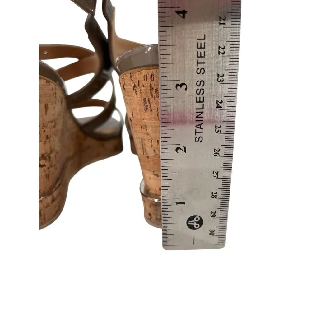 Salvatore Ferragamo Brown Patent Leather Cork‎ Wedge Sandals Adjustable 9.5